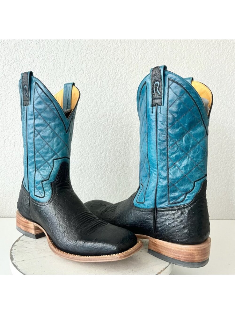 Rod Patrick Mens Black Ostrich Cowboy Boots Size 13 Blue Top Western Square Toe - Picture 12 of 12